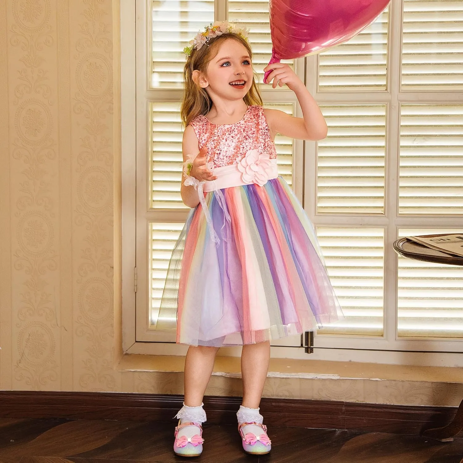 Furdeour Girls Dress Shoes Mary Jane Flower Wedding Party Bridesmaids Shoes Glitter Princess Ballet Flats for Kid Toddler