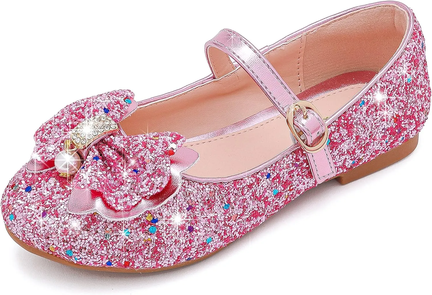 Furdeour Girls Dress Shoes Mary Jane Flower Wedding Party Bridesmaids Shoes Glitter Princess Ballet Flats for Kid Toddler