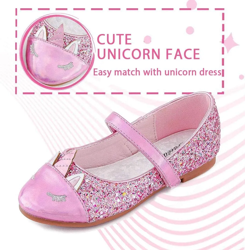 Furdeour Girls Dress Shoes Mary Jane Flower Wedding Party Bridesmaids Shoes Glitter Princess Ballet Flats for Kid Toddler