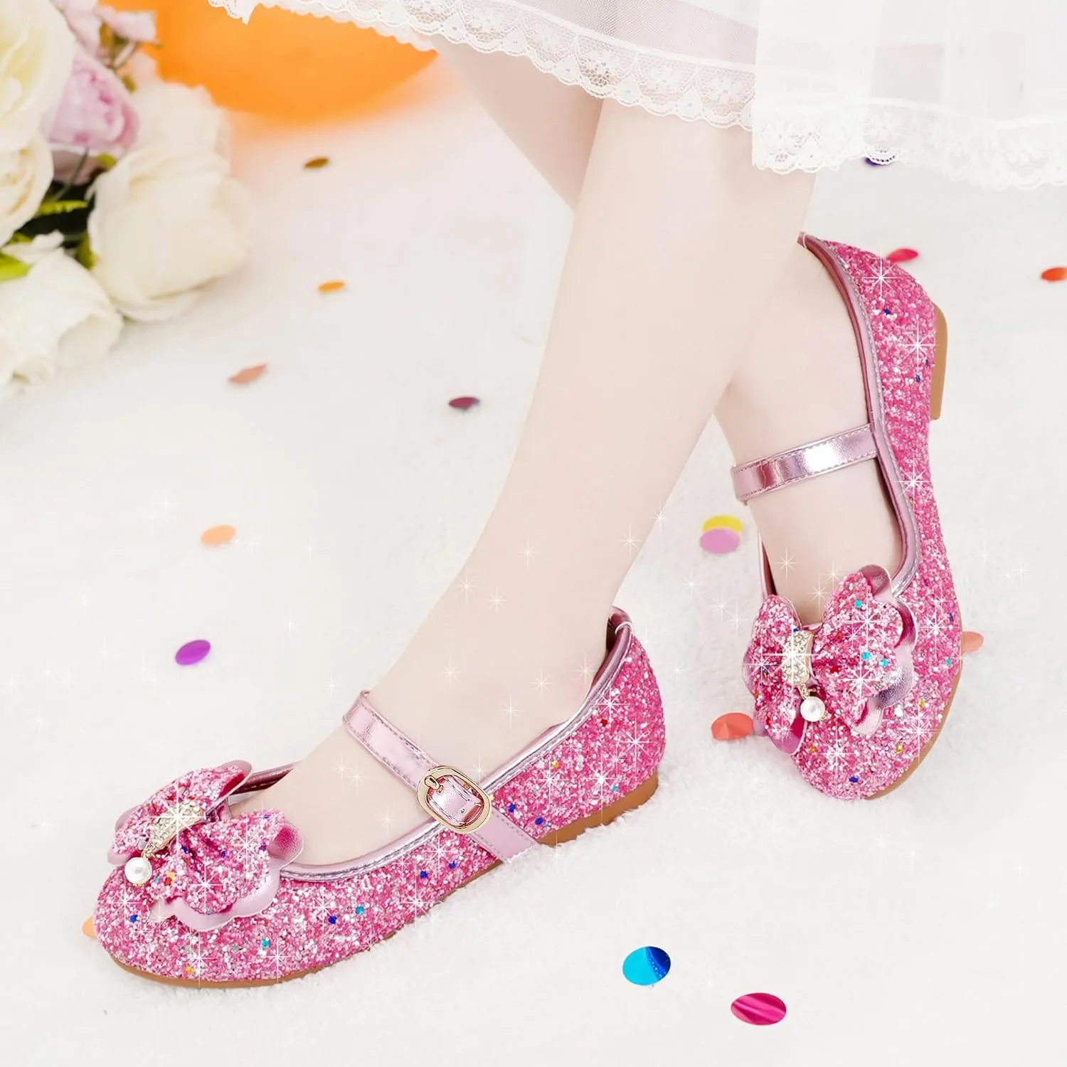 Furdeour Girls Dress Shoes Mary Jane Flower Wedding Party Bridesmaids Shoes Glitter Princess Ballet Flats for Kid Toddler