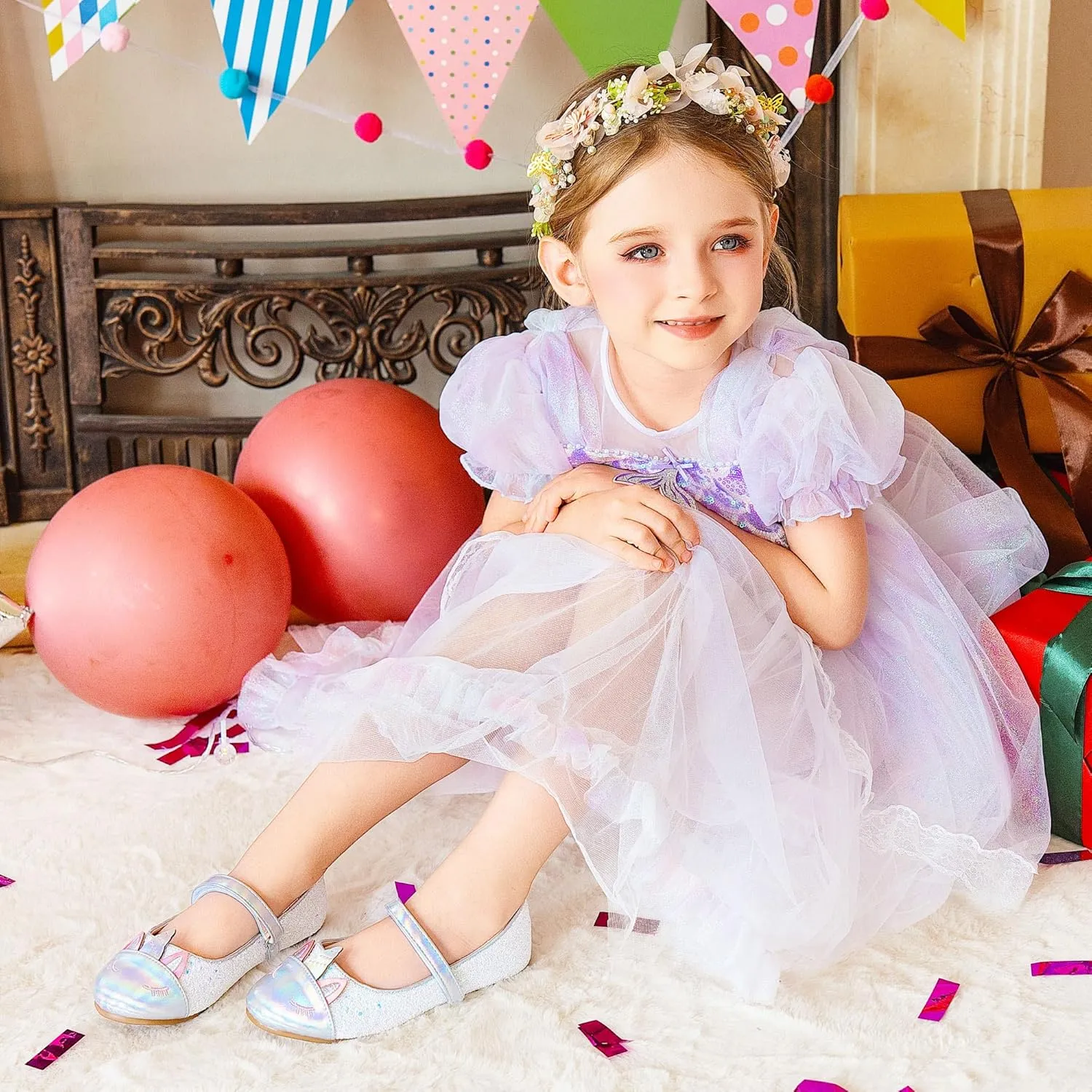 Furdeour Girls Dress Shoes Mary Jane Flower Wedding Party Bridesmaids Shoes Glitter Princess Ballet Flats for Kid Toddler