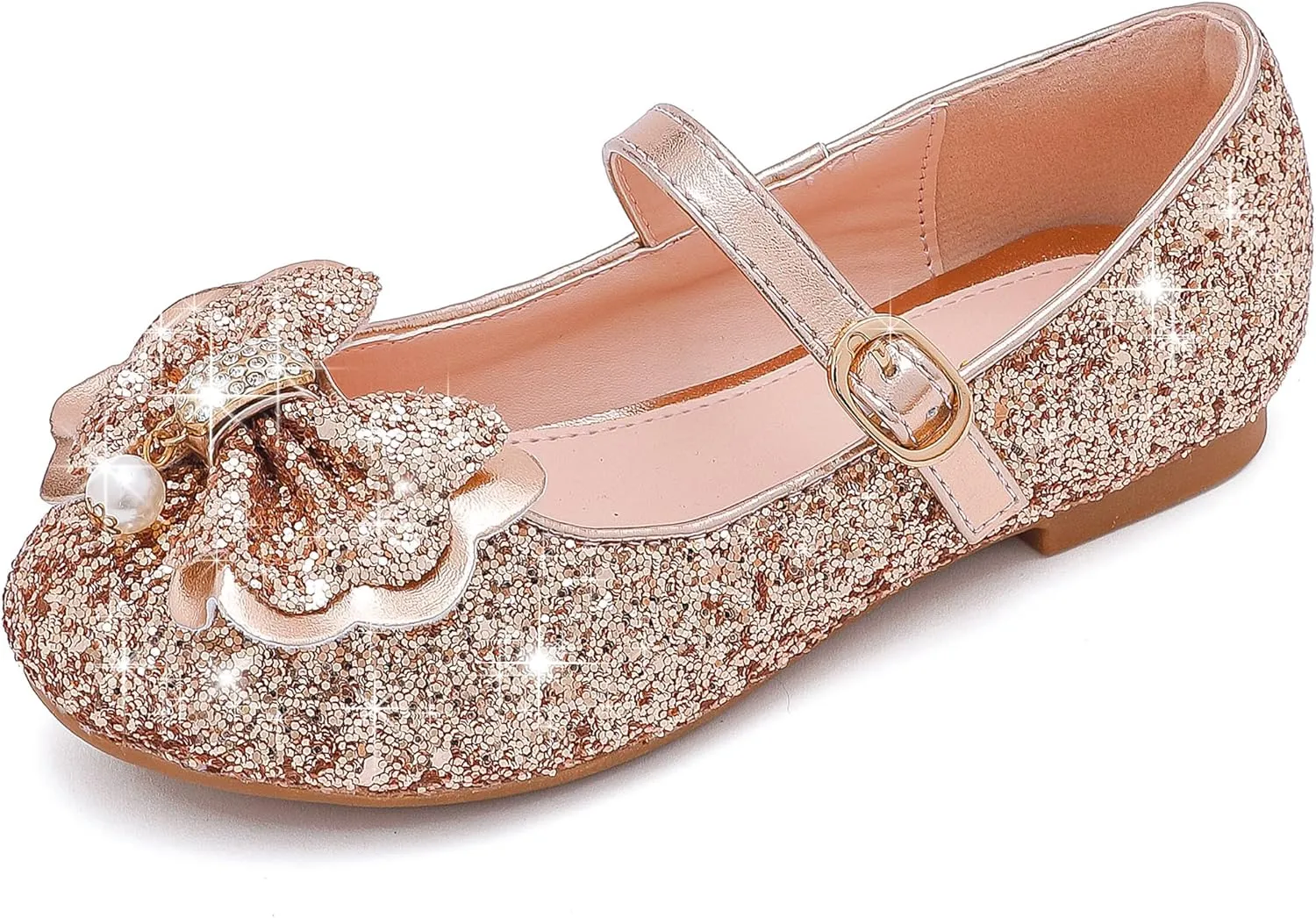 Furdeour Girls Dress Shoes Mary Jane Flower Wedding Party Bridesmaids Shoes Glitter Princess Ballet Flats for Kid Toddler
