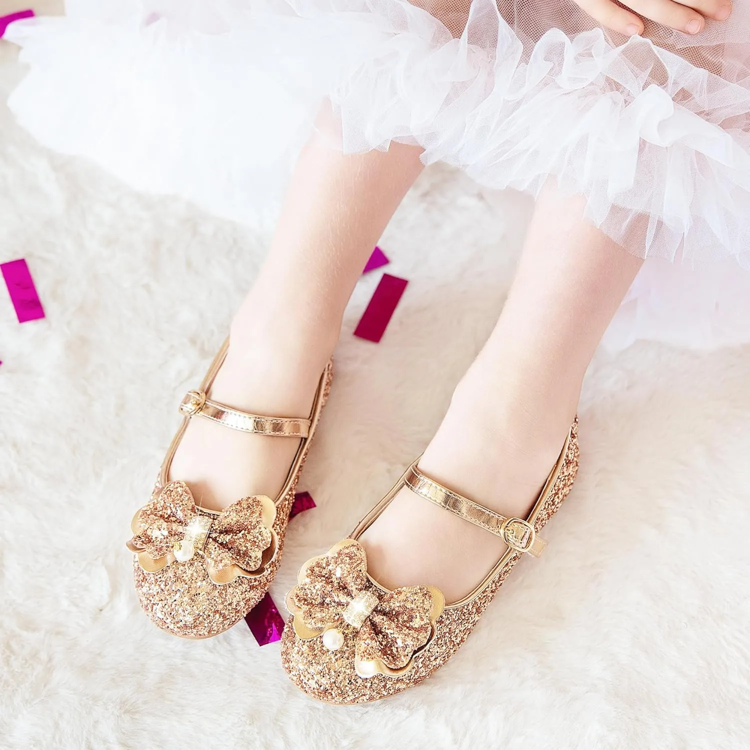 Furdeour Girls Dress Shoes Mary Jane Flower Wedding Party Bridesmaids Shoes Glitter Princess Ballet Flats for Kid Toddler