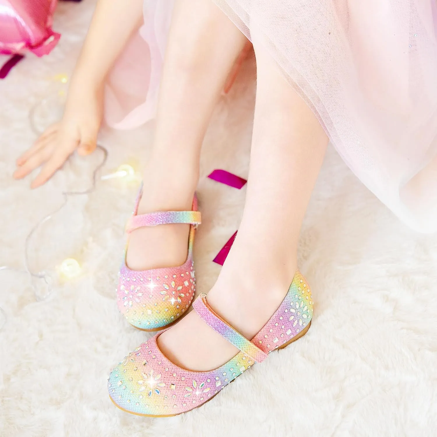 Furdeour Girls Dress Shoes Mary Jane Flower Wedding Party Bridesmaids Shoes Glitter Princess Ballet Flats for Kid Toddler