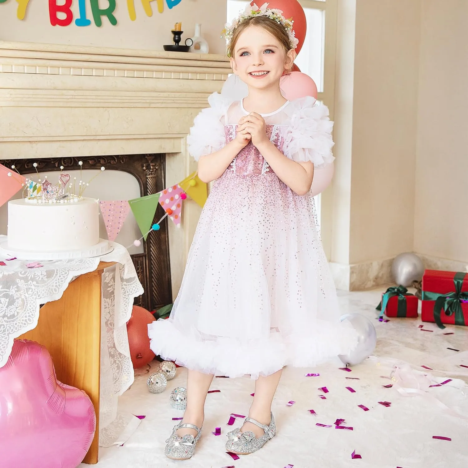 Furdeour Girls Dress Shoes Mary Jane Flower Wedding Party Bridesmaids Shoes Glitter Princess Ballet Flats for Kid Toddler