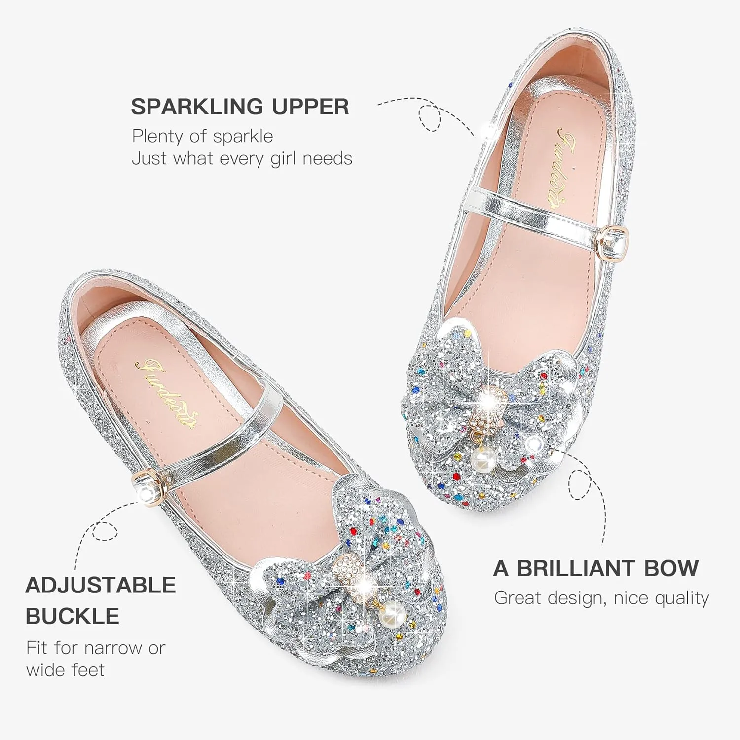 Furdeour Girls Dress Shoes Mary Jane Flower Wedding Party Bridesmaids Shoes Glitter Princess Ballet Flats for Kid Toddler