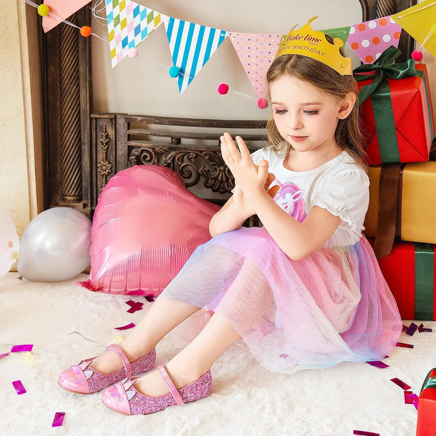 Furdeour Girls Dress Shoes Mary Jane Flower Wedding Party Bridesmaids Shoes Glitter Princess Ballet Flats for Kid Toddler