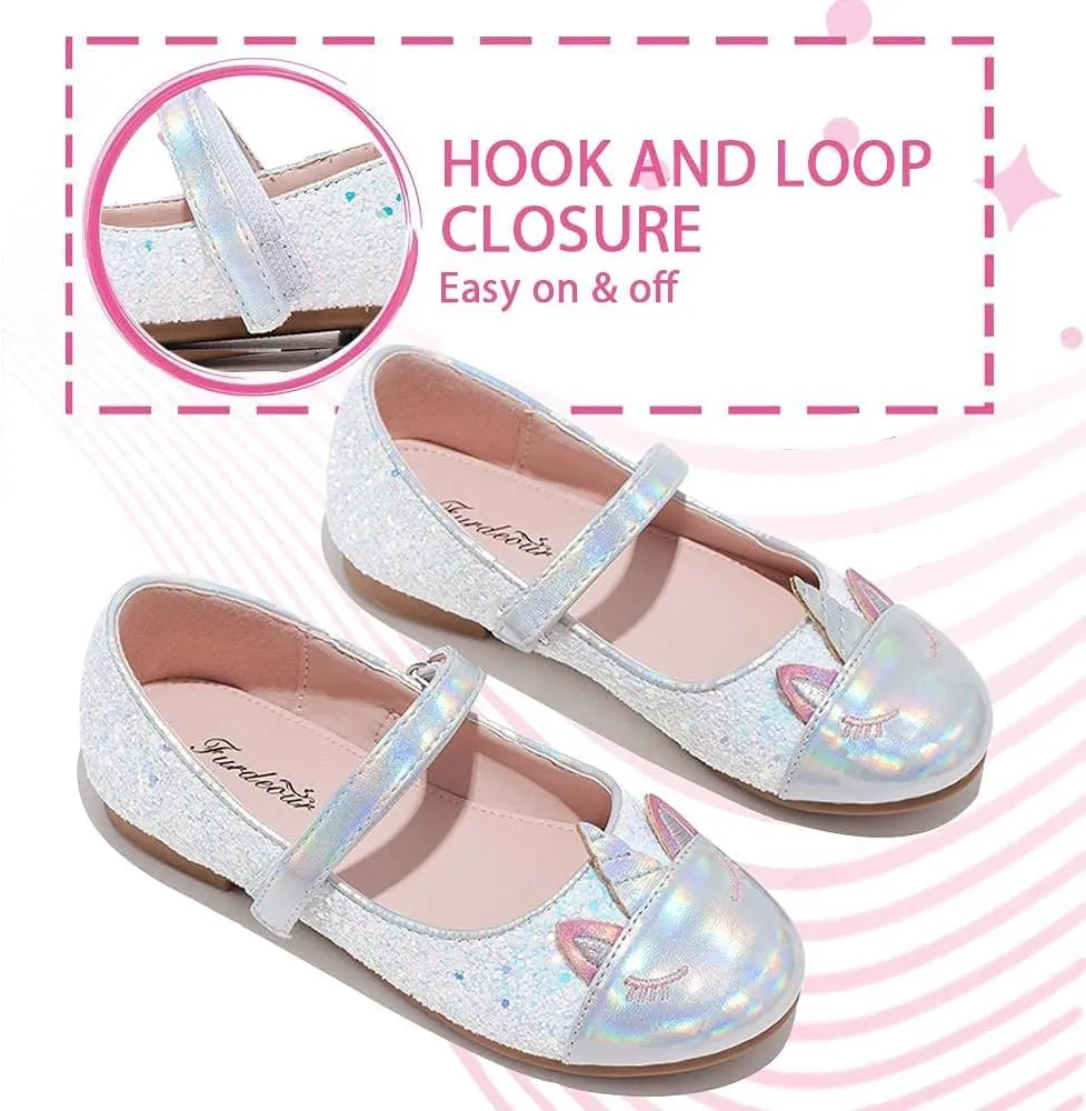 Furdeour Girls Dress Shoes Mary Jane Flower Wedding Party Bridesmaids Shoes Glitter Princess Ballet Flats for Kid Toddler