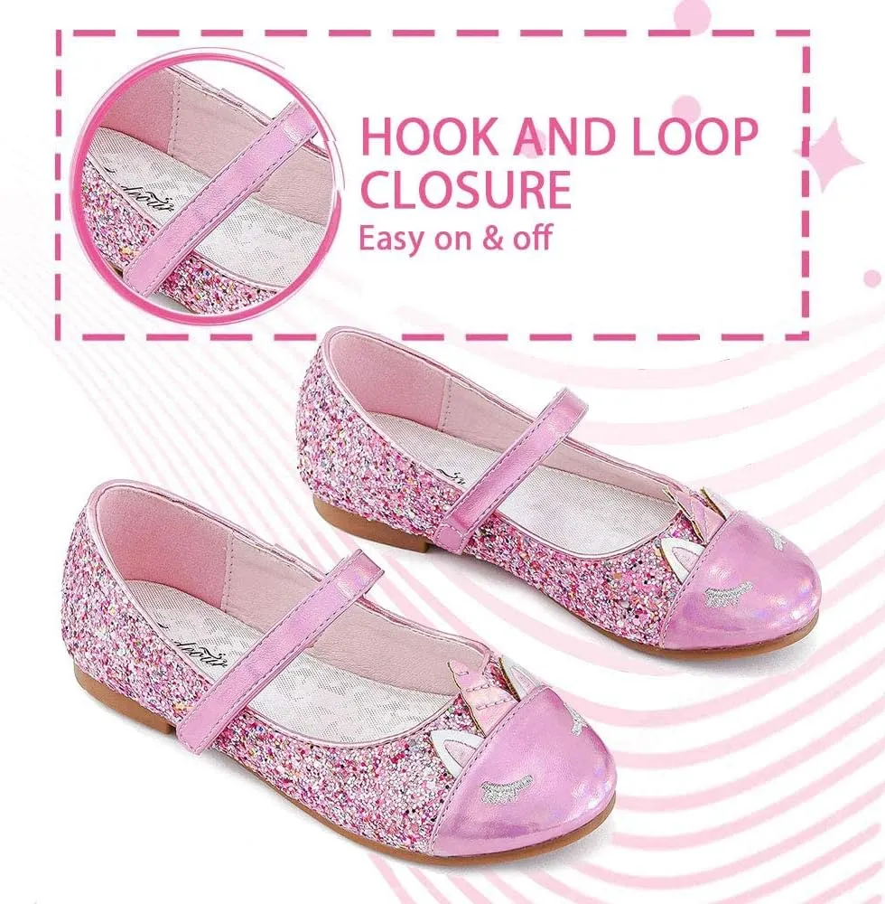 Furdeour Girls Dress Shoes Mary Jane Flower Wedding Party Bridesmaids Shoes Glitter Princess Ballet Flats for Kid Toddler