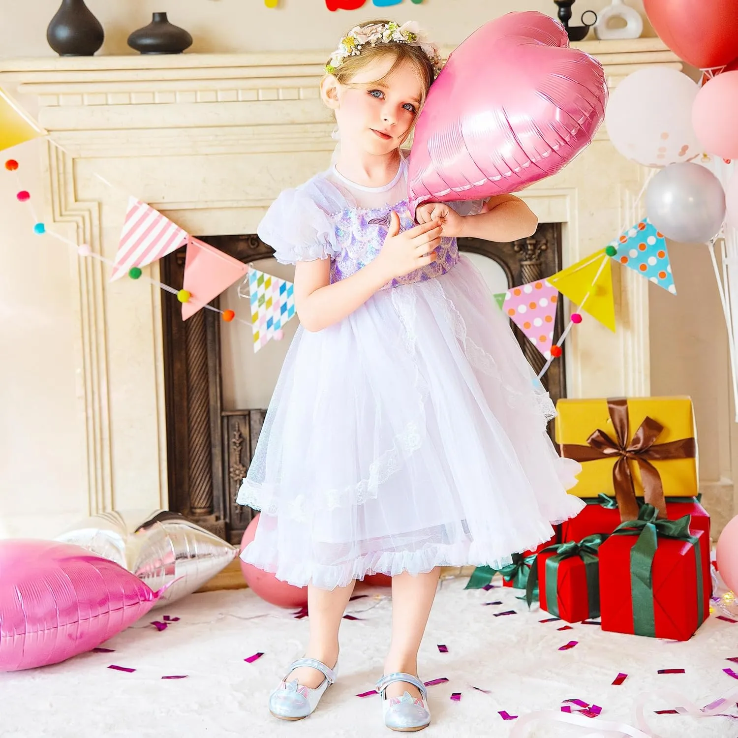 Furdeour Girls Dress Shoes Mary Jane Flower Wedding Party Bridesmaids Shoes Glitter Princess Ballet Flats for Kid Toddler