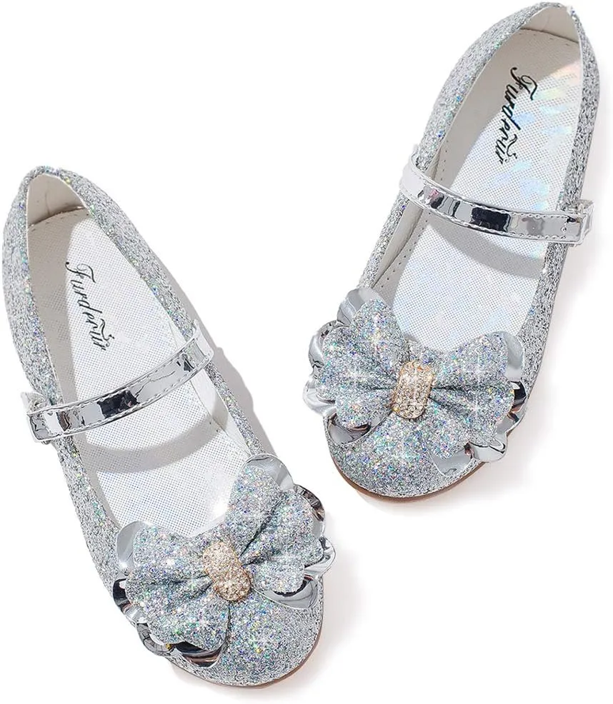 Furdeour Girls Dress Shoes Mary Jane Flower Wedding Party Bridesmaids Shoes Glitter Princess Ballet Flats for Kid Toddler