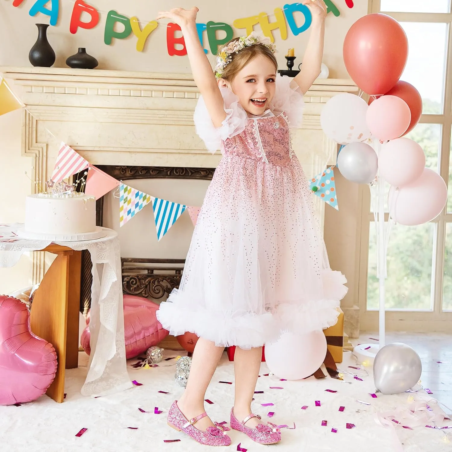 Furdeour Girls Dress Shoes Mary Jane Flower Wedding Party Bridesmaids Shoes Glitter Princess Ballet Flats for Kid Toddler