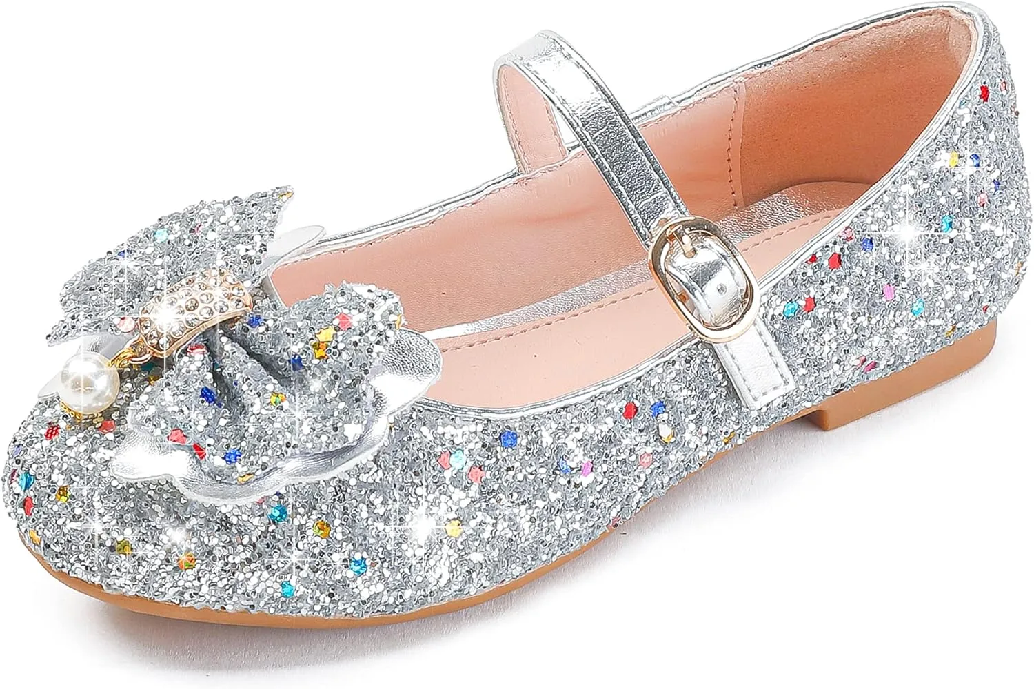 Furdeour Girls Dress Shoes Mary Jane Flower Wedding Party Bridesmaids Shoes Glitter Princess Ballet Flats for Kid Toddler