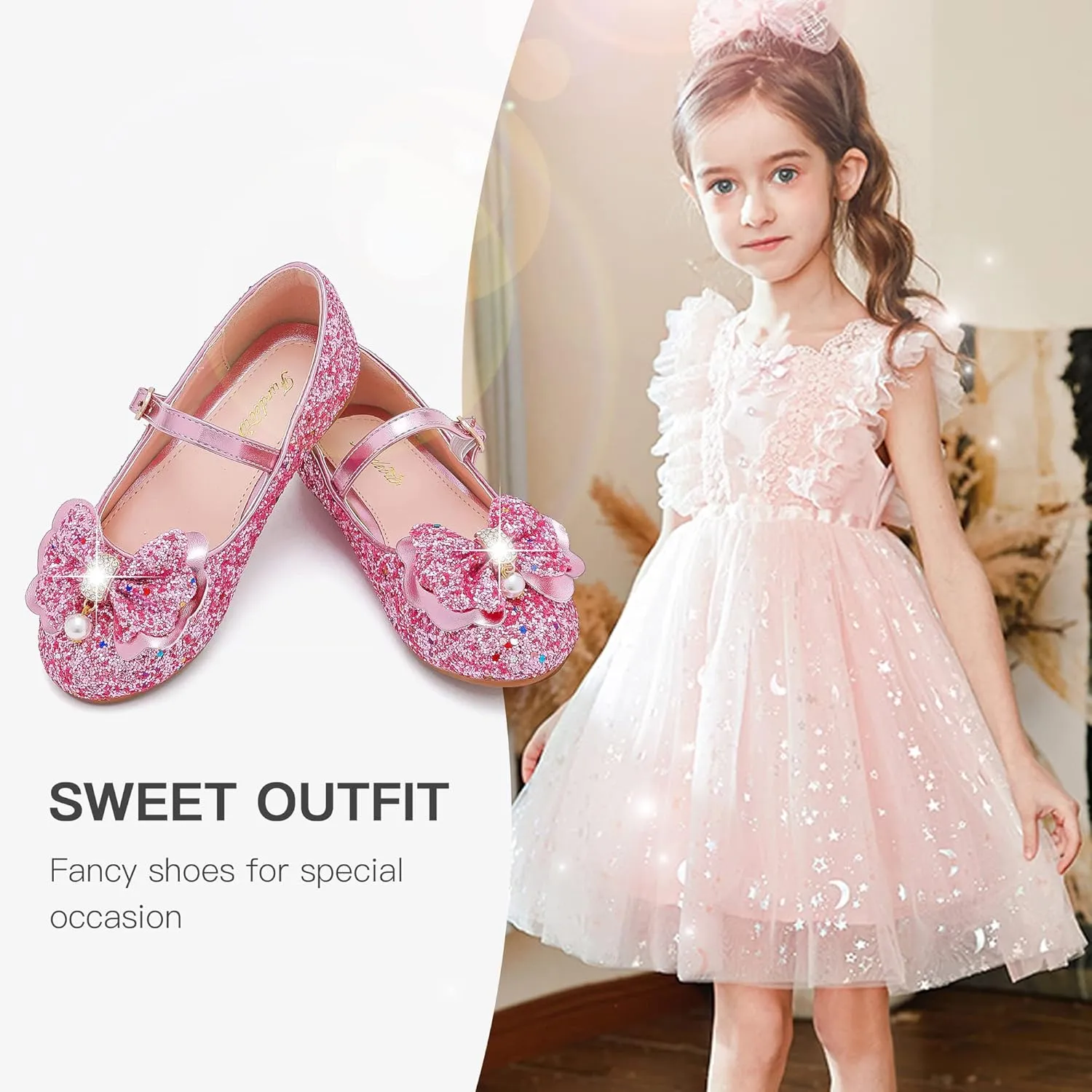 Furdeour Girls Dress Shoes Mary Jane Flower Wedding Party Bridesmaids Shoes Glitter Princess Ballet Flats for Kid Toddler