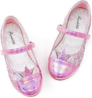 Furdeour Girls Dress Shoes Mary Jane Flower Wedding Party Bridesmaids Shoes Glitter Princess Ballet Flats for Kid Toddler