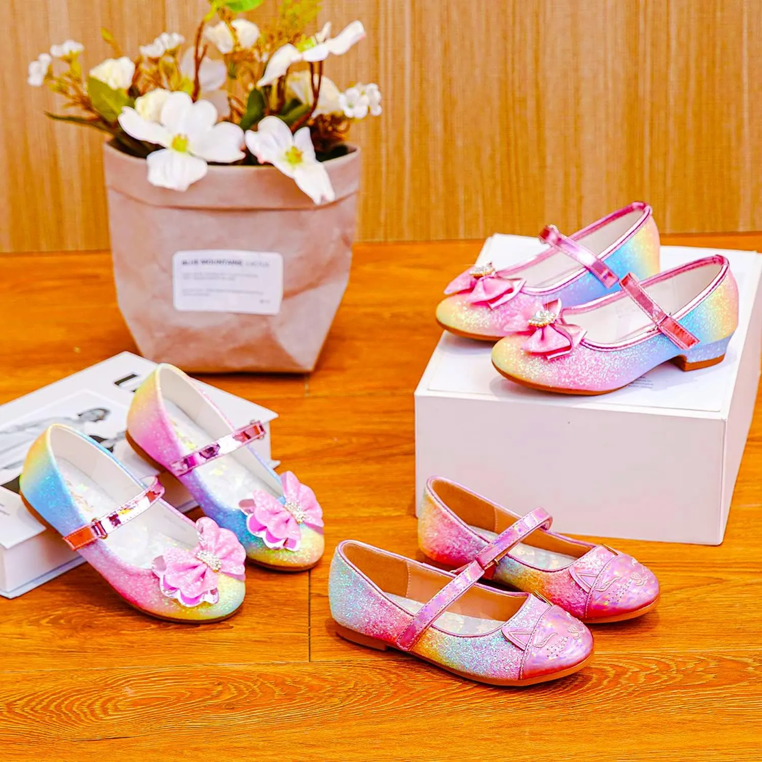 Furdeour Girls Dress Shoes Mary Jane Flower Wedding Party Bridesmaids Shoes Glitter Princess Ballet Flats for Kid Toddler