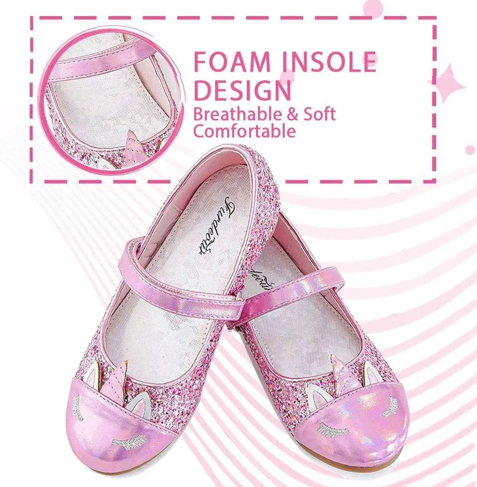 Furdeour Girls Dress Shoes Mary Jane Flower Wedding Party Bridesmaids Shoes Glitter Princess Ballet Flats for Kid Toddler