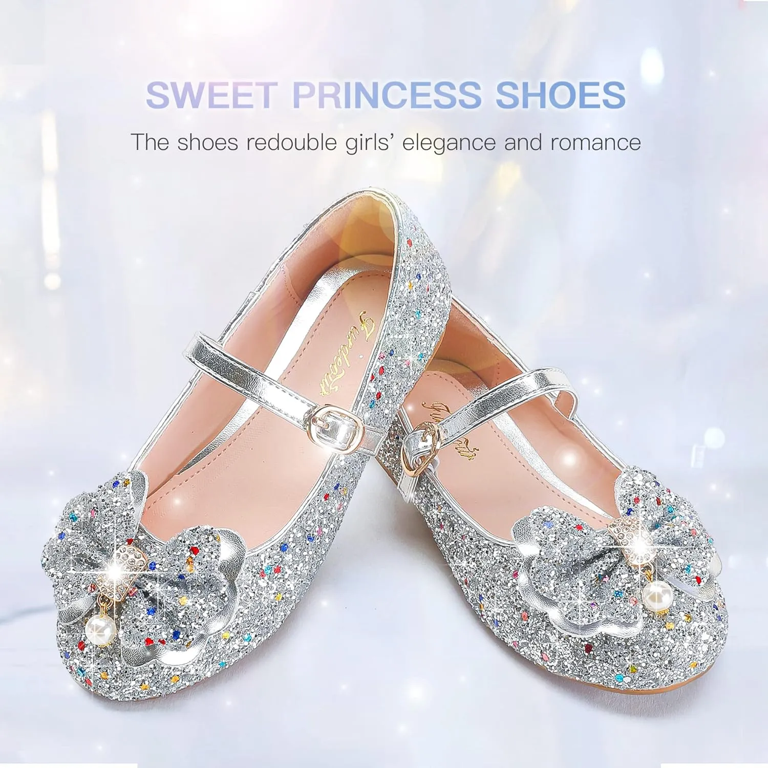 Furdeour Girls Dress Shoes Mary Jane Flower Wedding Party Bridesmaids Shoes Glitter Princess Ballet Flats for Kid Toddler