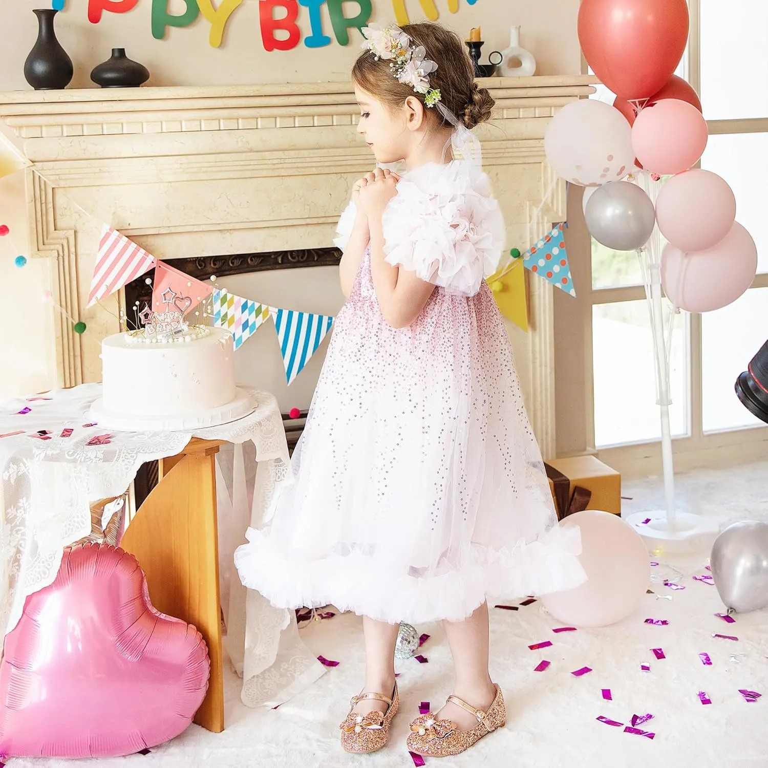 Furdeour Girls Dress Shoes Mary Jane Flower Wedding Party Bridesmaids Shoes Glitter Princess Ballet Flats for Kid Toddler
