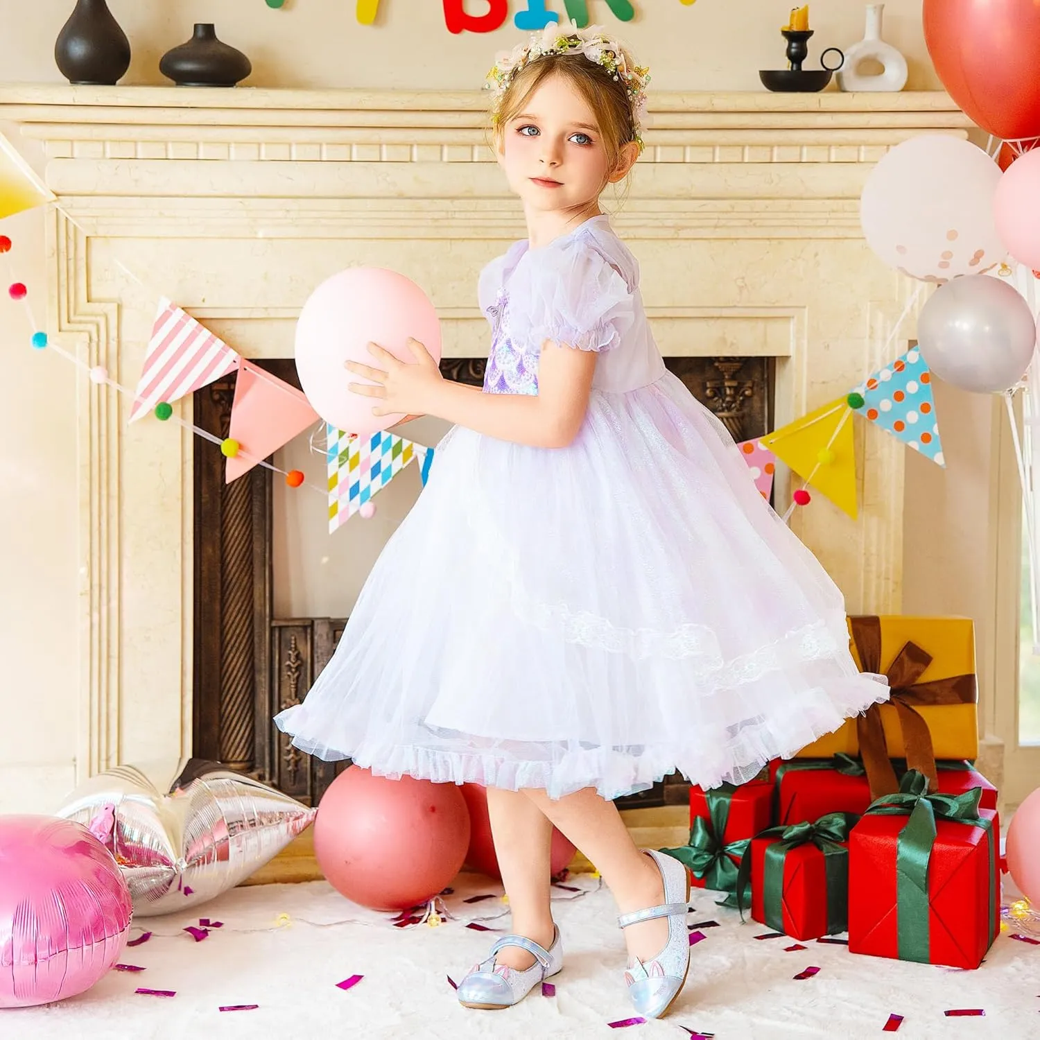 Furdeour Girls Dress Shoes Mary Jane Flower Wedding Party Bridesmaids Shoes Glitter Princess Ballet Flats for Kid Toddler