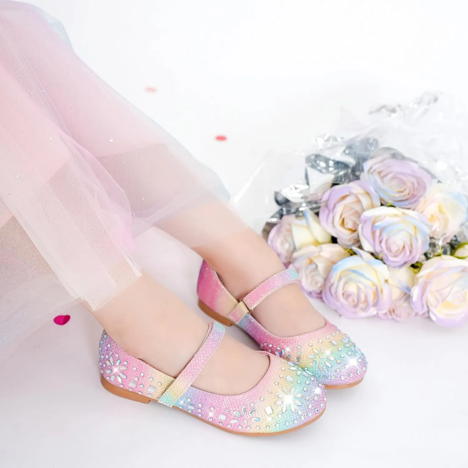 Furdeour Girls Dress Shoes Mary Jane Flower Wedding Party Bridesmaids Shoes Glitter Princess Ballet Flats for Kid Toddler