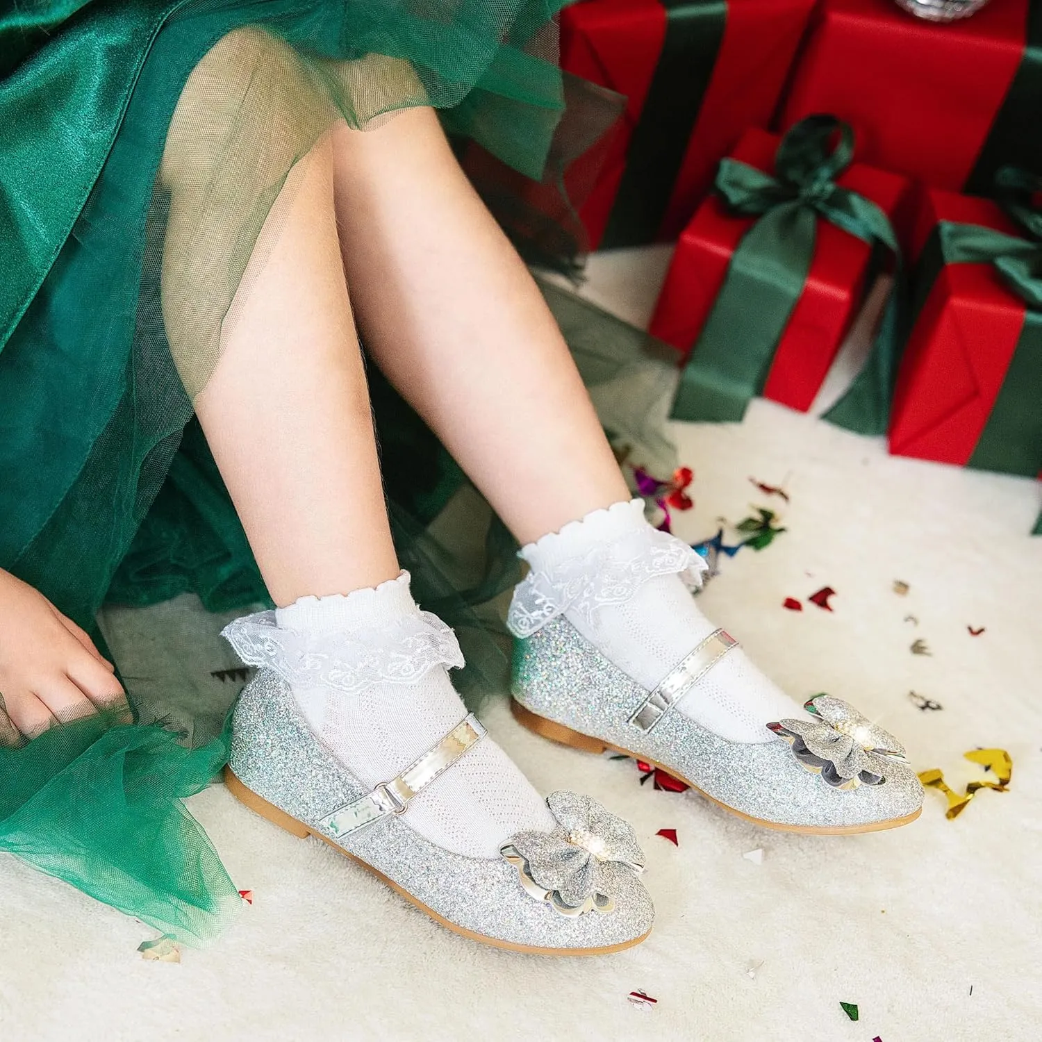 Furdeour Girls Dress Shoes Mary Jane Flower Wedding Party Bridesmaids Shoes Glitter Princess Ballet Flats for Kid Toddler
