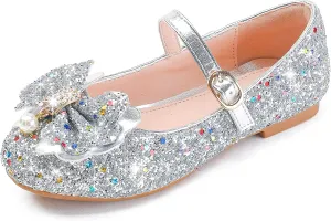 Furdeour Girls Dress Shoes Mary Jane Flower Wedding Party Bridesmaids Shoes Glitter Princess Ballet Flats for Kid Toddler
