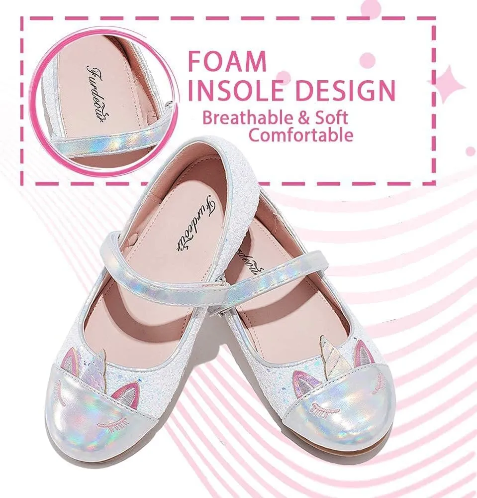 Furdeour Girls Dress Shoes Mary Jane Flower Wedding Party Bridesmaids Shoes Glitter Princess Ballet Flats for Kid Toddler