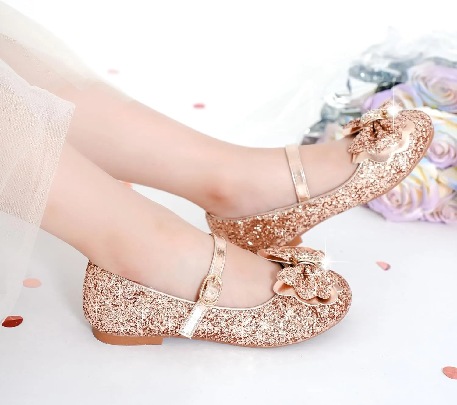 Furdeour Girls Dress Shoes Mary Jane Flower Wedding Party Bridesmaids Shoes Glitter Princess Ballet Flats for Kid Toddler