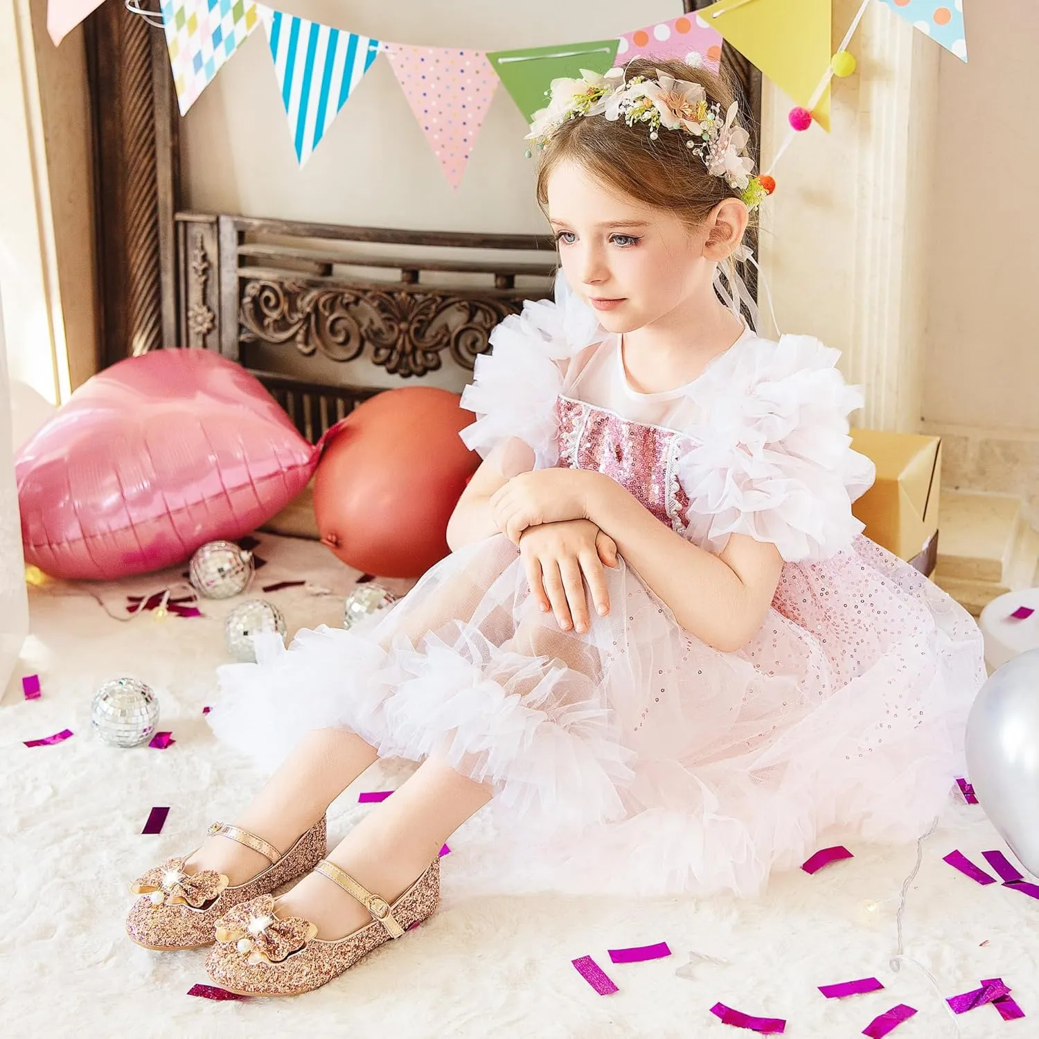 Furdeour Girls Dress Shoes Mary Jane Flower Wedding Party Bridesmaids Shoes Glitter Princess Ballet Flats for Kid Toddler