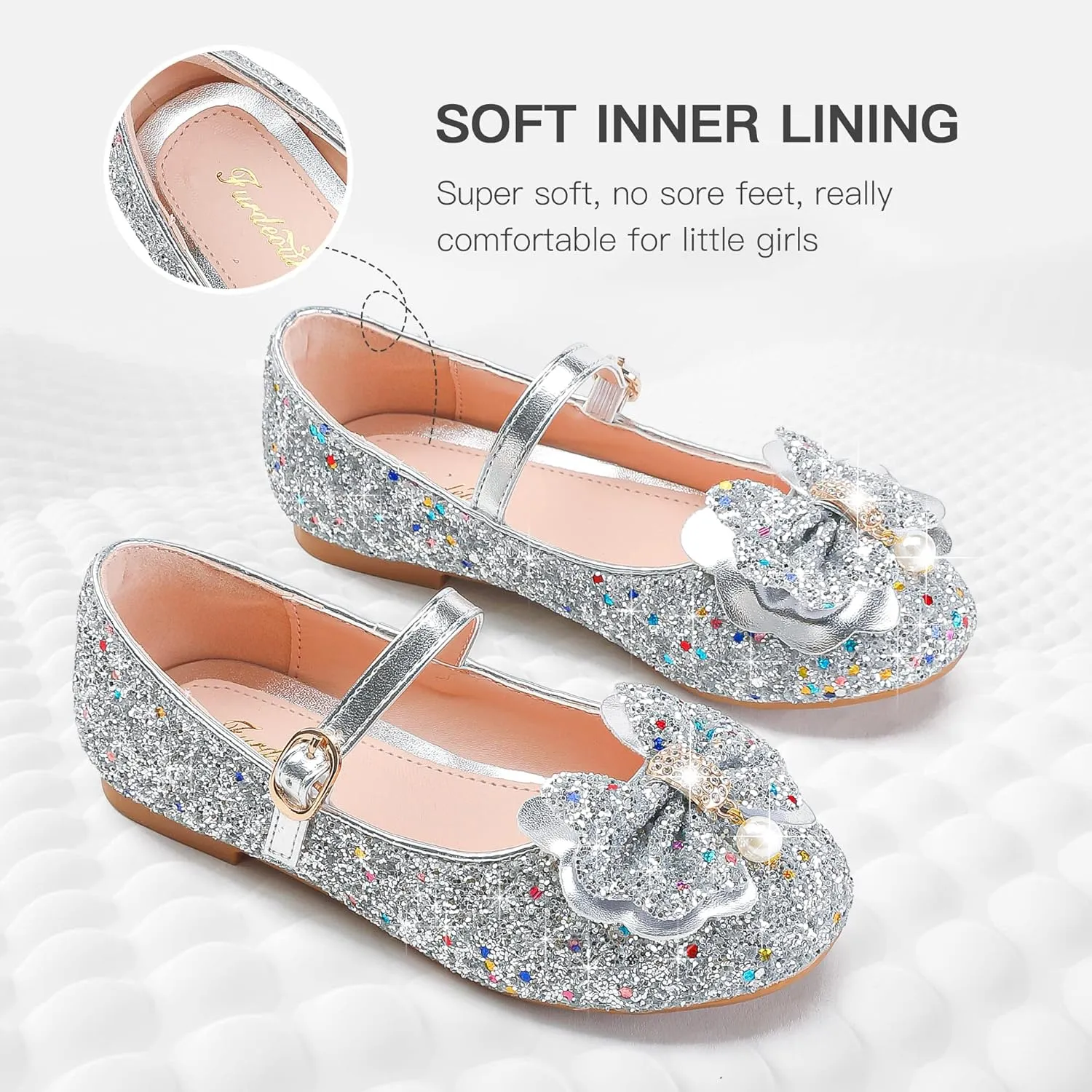 Furdeour Girls Dress Shoes Mary Jane Flower Wedding Party Bridesmaids Shoes Glitter Princess Ballet Flats for Kid Toddler