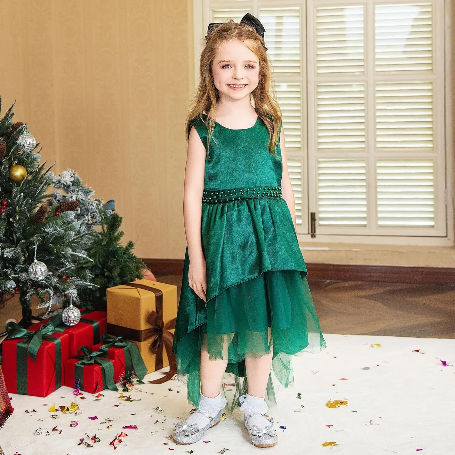 Furdeour Girls Dress Shoes Mary Jane Flower Wedding Party Bridesmaids Shoes Glitter Princess Ballet Flats for Kid Toddler