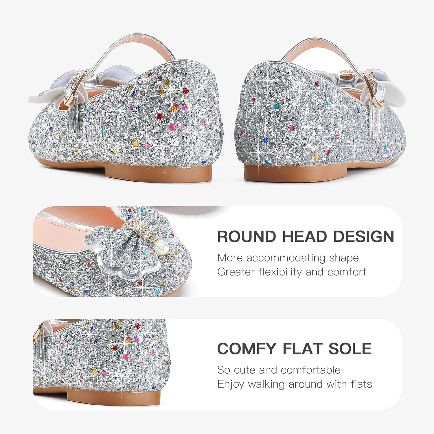 Furdeour Girls Dress Shoes Mary Jane Flower Wedding Party Bridesmaids Shoes Glitter Princess Ballet Flats for Kid Toddler