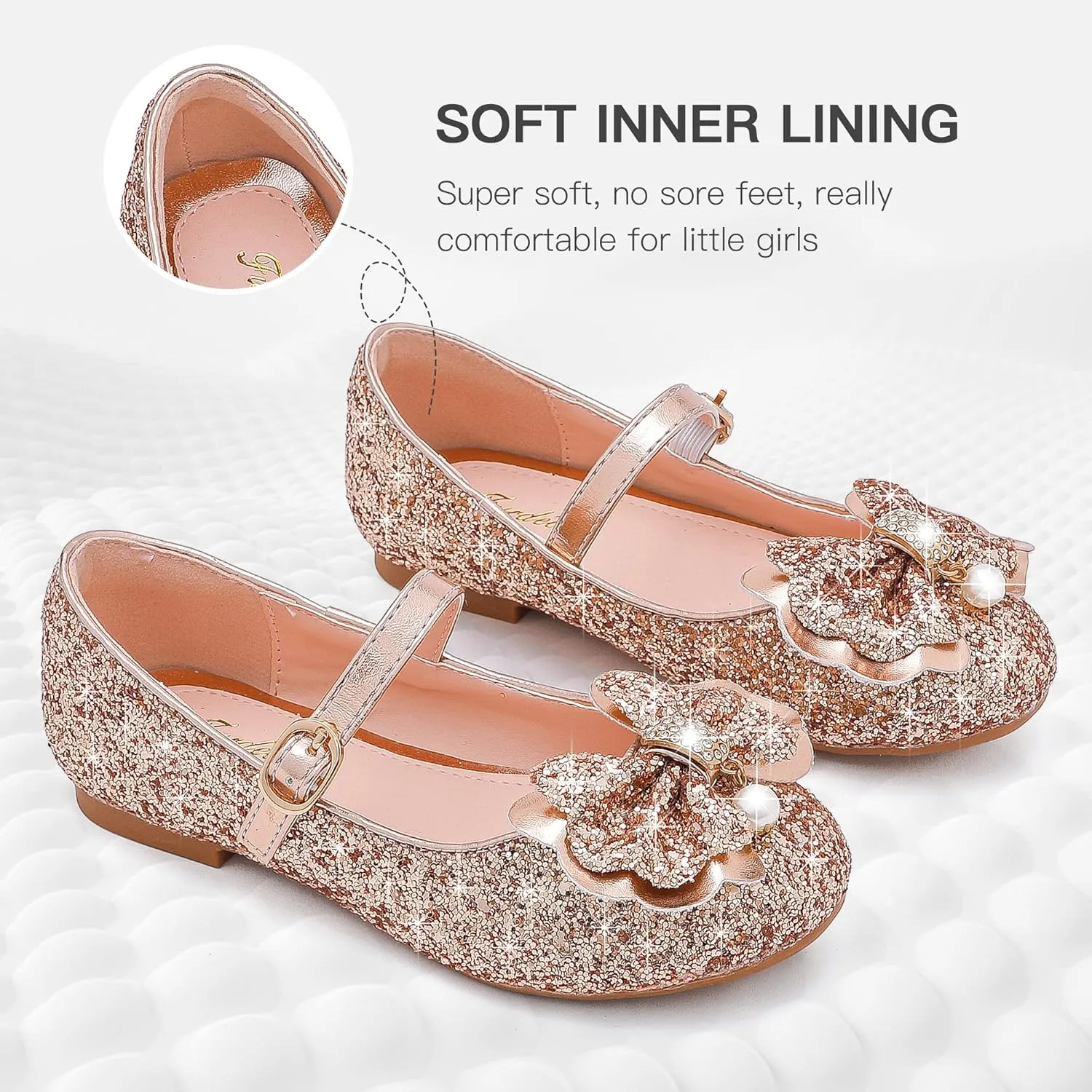 Furdeour Girls Dress Shoes Mary Jane Flower Wedding Party Bridesmaids Shoes Glitter Princess Ballet Flats for Kid Toddler