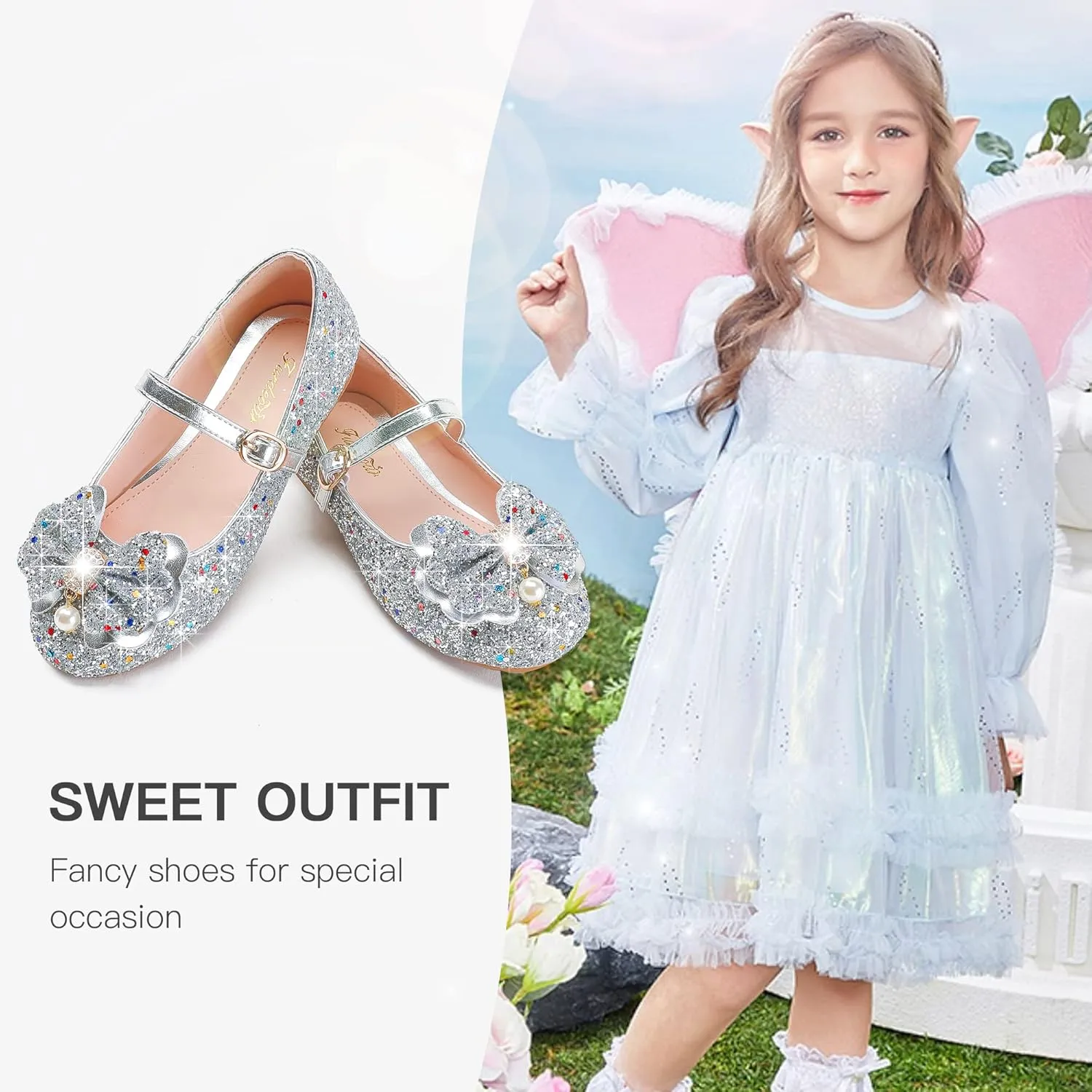 Furdeour Girls Dress Shoes Mary Jane Flower Wedding Party Bridesmaids Shoes Glitter Princess Ballet Flats for Kid Toddler