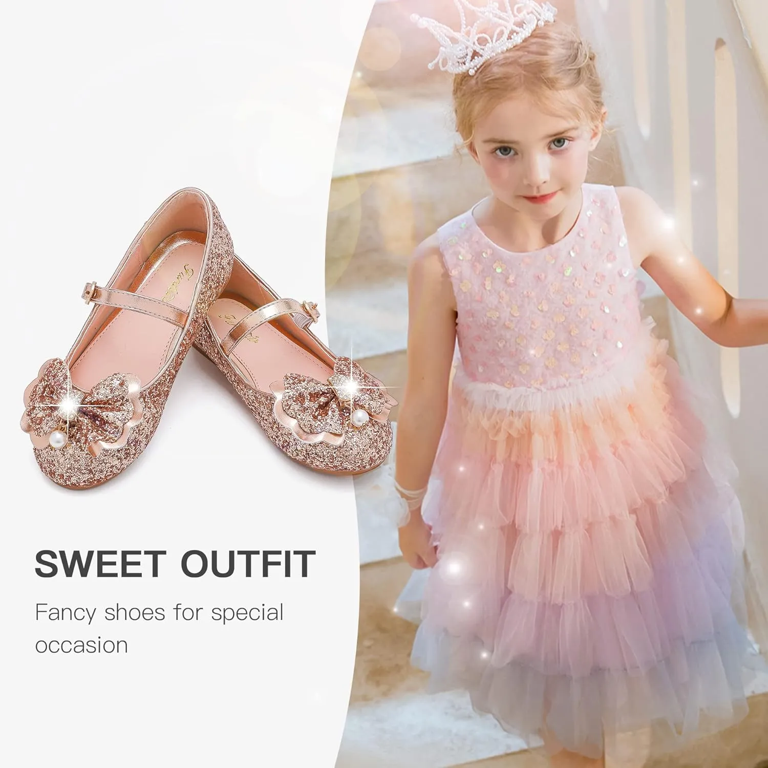 Furdeour Girls Dress Shoes Mary Jane Flower Wedding Party Bridesmaids Shoes Glitter Princess Ballet Flats for Kid Toddler