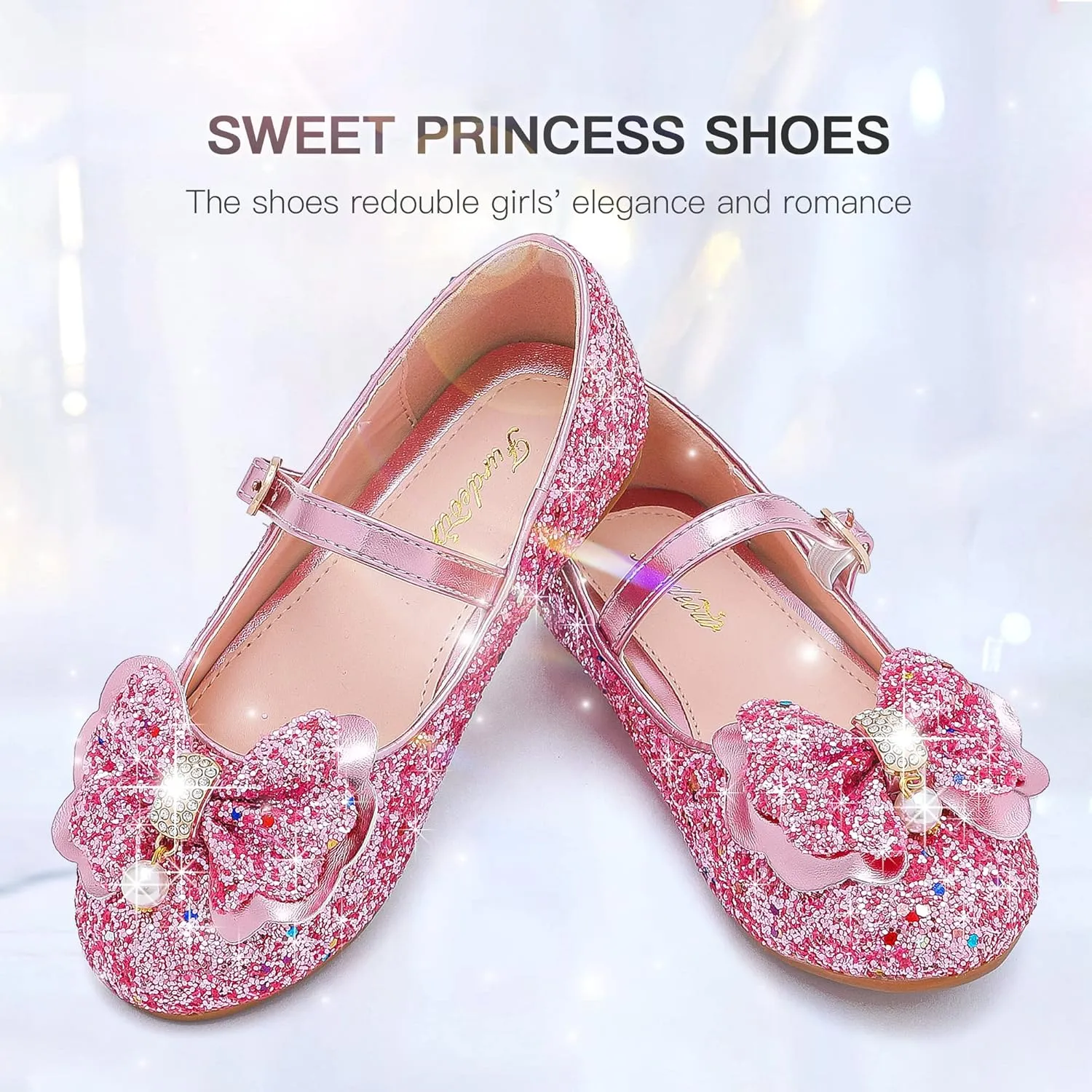 Furdeour Girls Dress Shoes Mary Jane Flower Wedding Party Bridesmaids Shoes Glitter Princess Ballet Flats for Kid Toddler