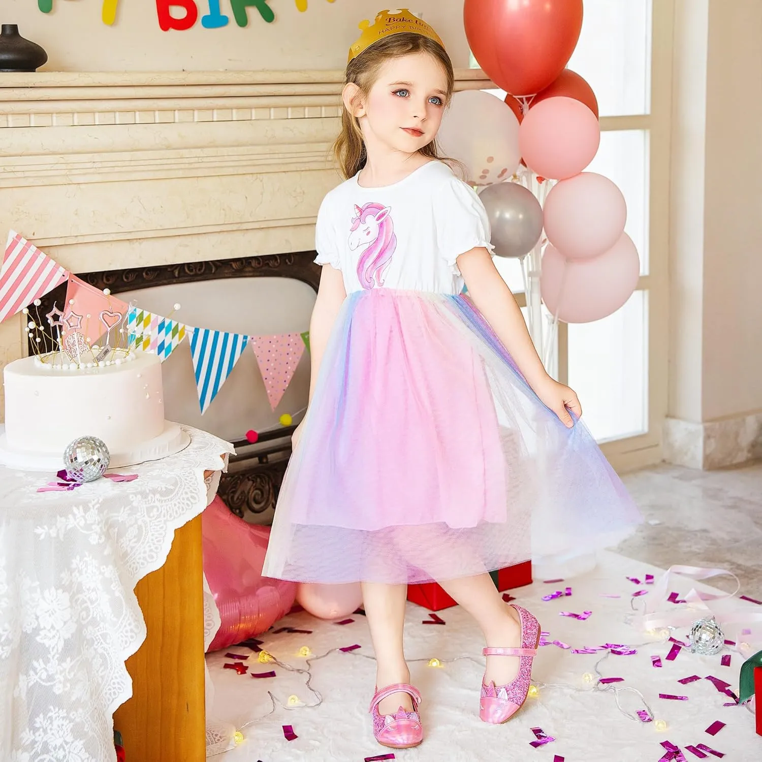 Furdeour Girls Dress Shoes Mary Jane Flower Wedding Party Bridesmaids Shoes Glitter Princess Ballet Flats for Kid Toddler