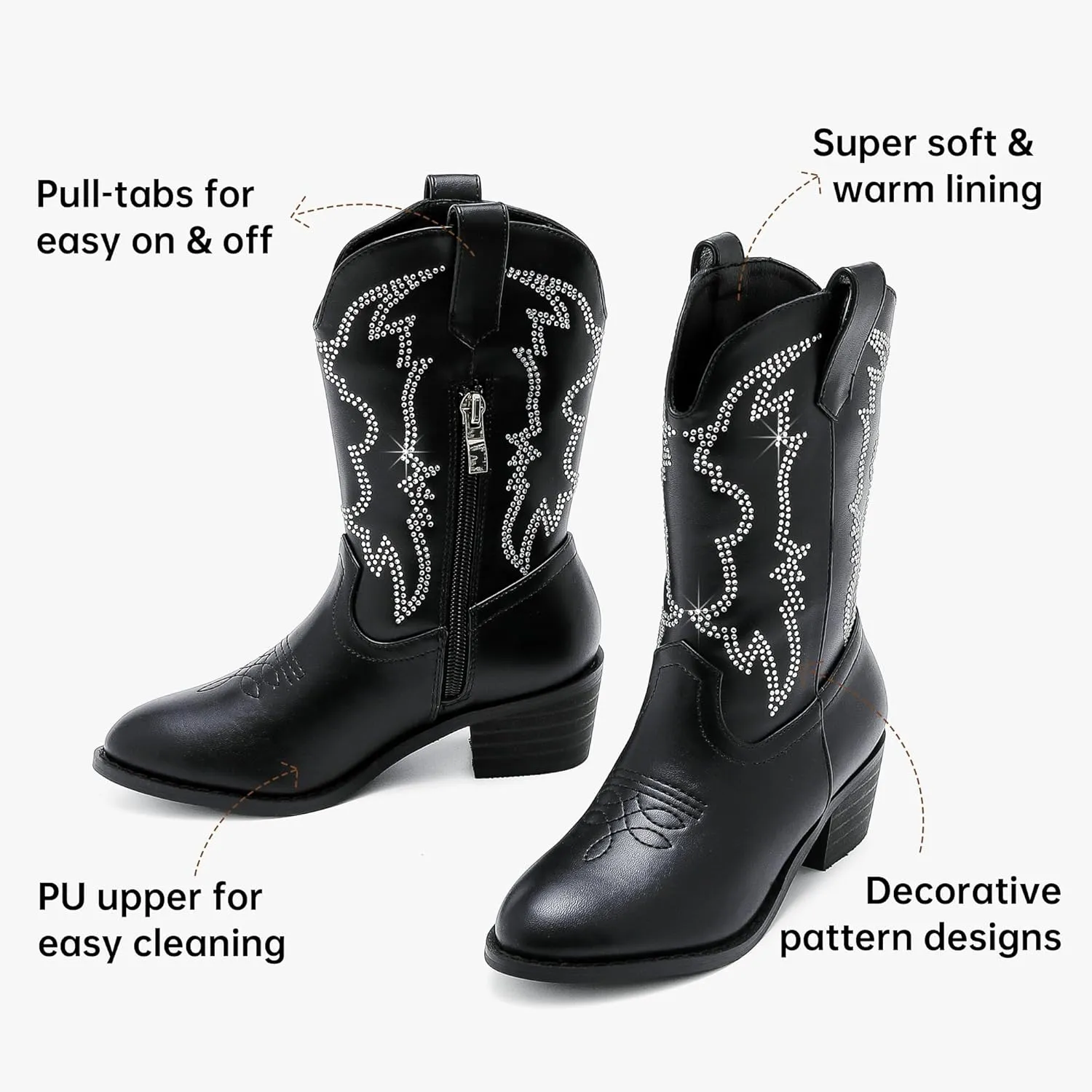 Girls Cowboy Boots Pull On Cowgirl Boots Pointed Toe Mid Calf Western Boots for Little Kid Big Kid