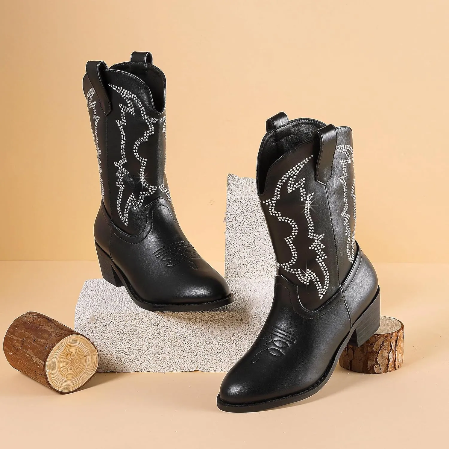 Girls Cowboy Boots Pull On Cowgirl Boots Pointed Toe Mid Calf Western Boots for Little Kid Big Kid