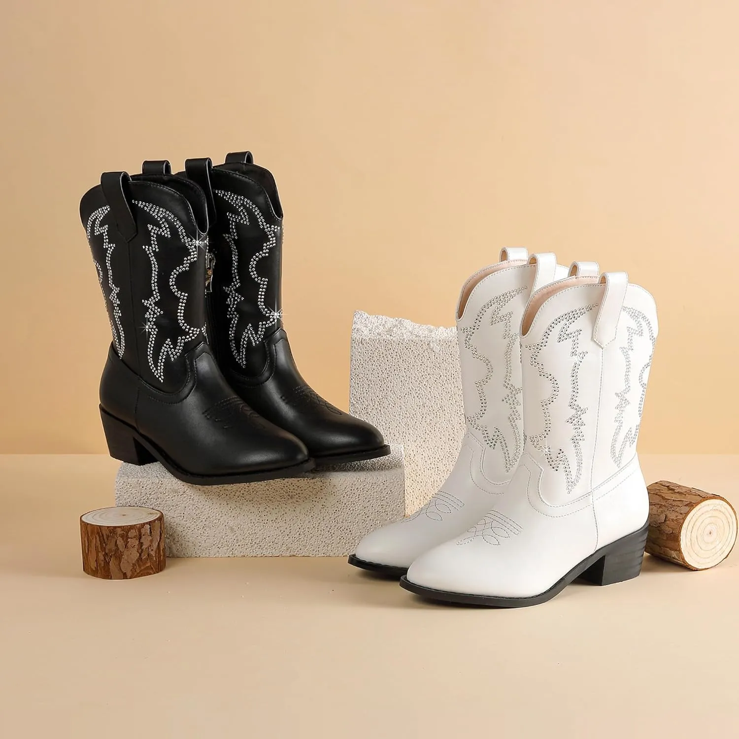 Girls Cowboy Boots Pull On Cowgirl Boots Pointed Toe Mid Calf Western Boots for Little Kid Big Kid