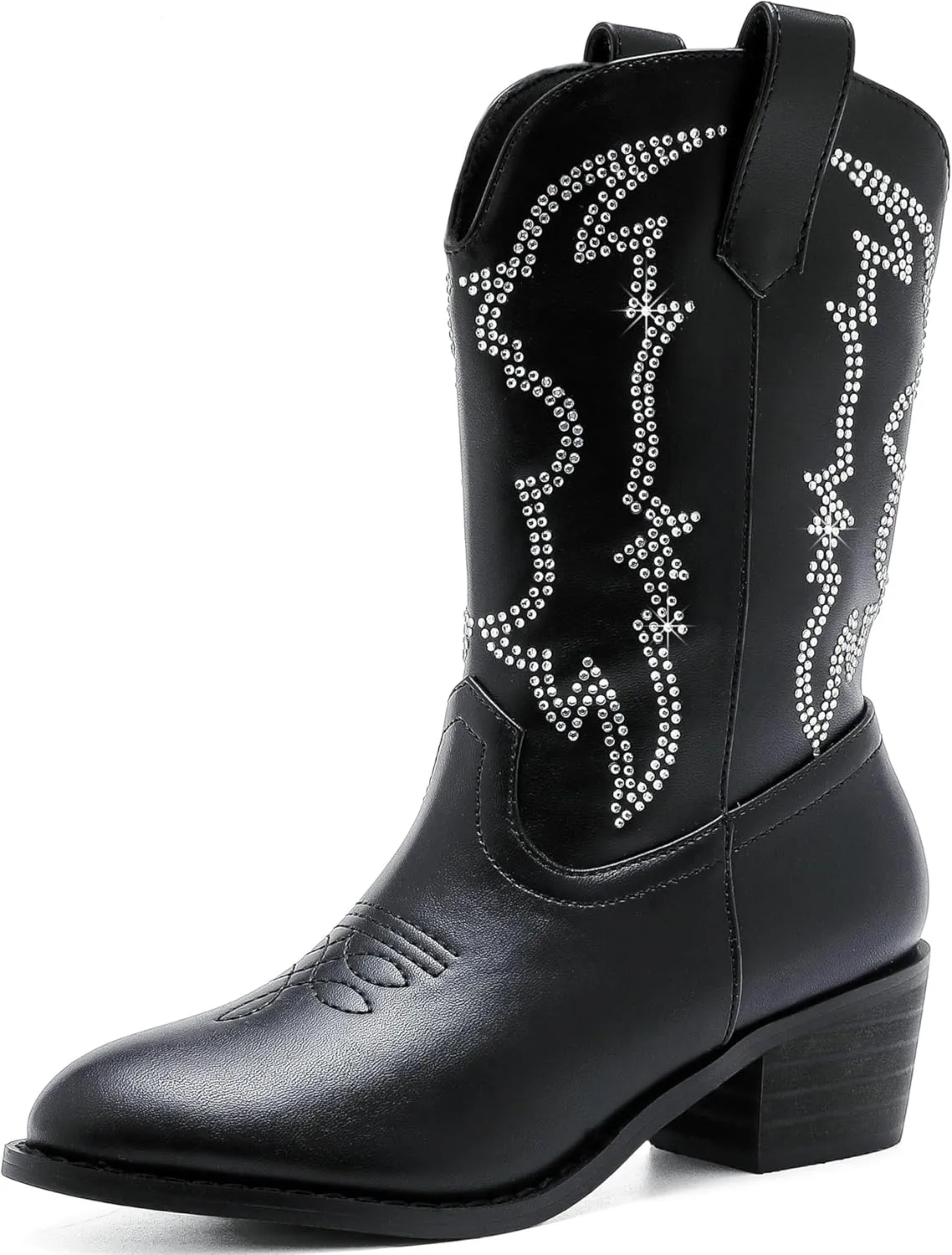 Girls Cowboy Boots Pull On Cowgirl Boots Pointed Toe Mid Calf Western Boots for Little Kid Big Kid