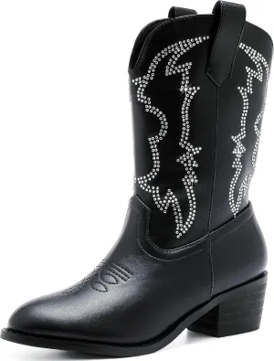 Girls Cowboy Boots Pull On Cowgirl Boots Pointed Toe Mid Calf Western Boots for Little Kid Big Kid
