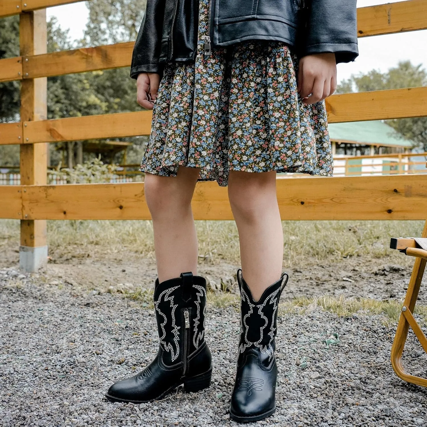 Girls Cowboy Boots Pull On Cowgirl Boots Pointed Toe Mid Calf Western Boots for Little Kid Big Kid