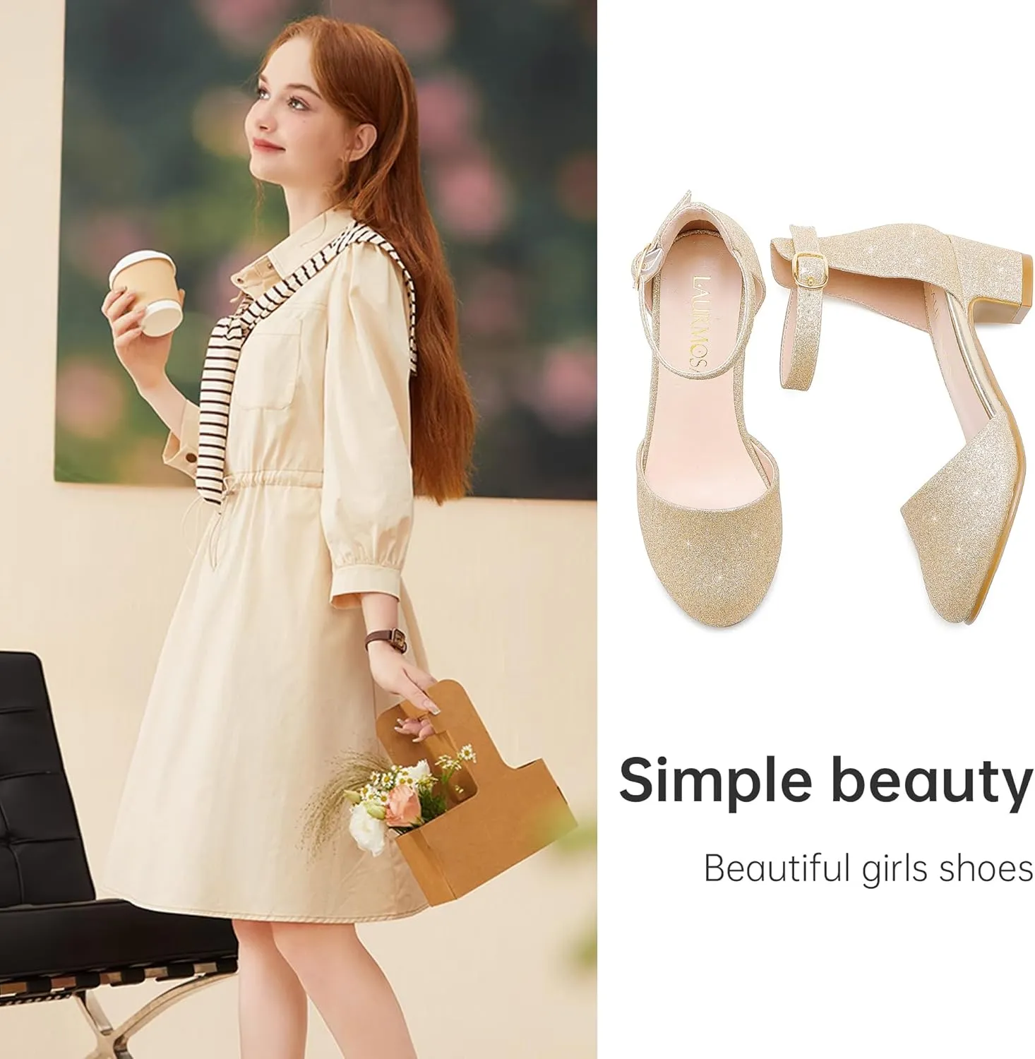 Girls Dress Shoes Closed Toe Chunky High Heels Ankle Strap Wedding Party Pump Shoes