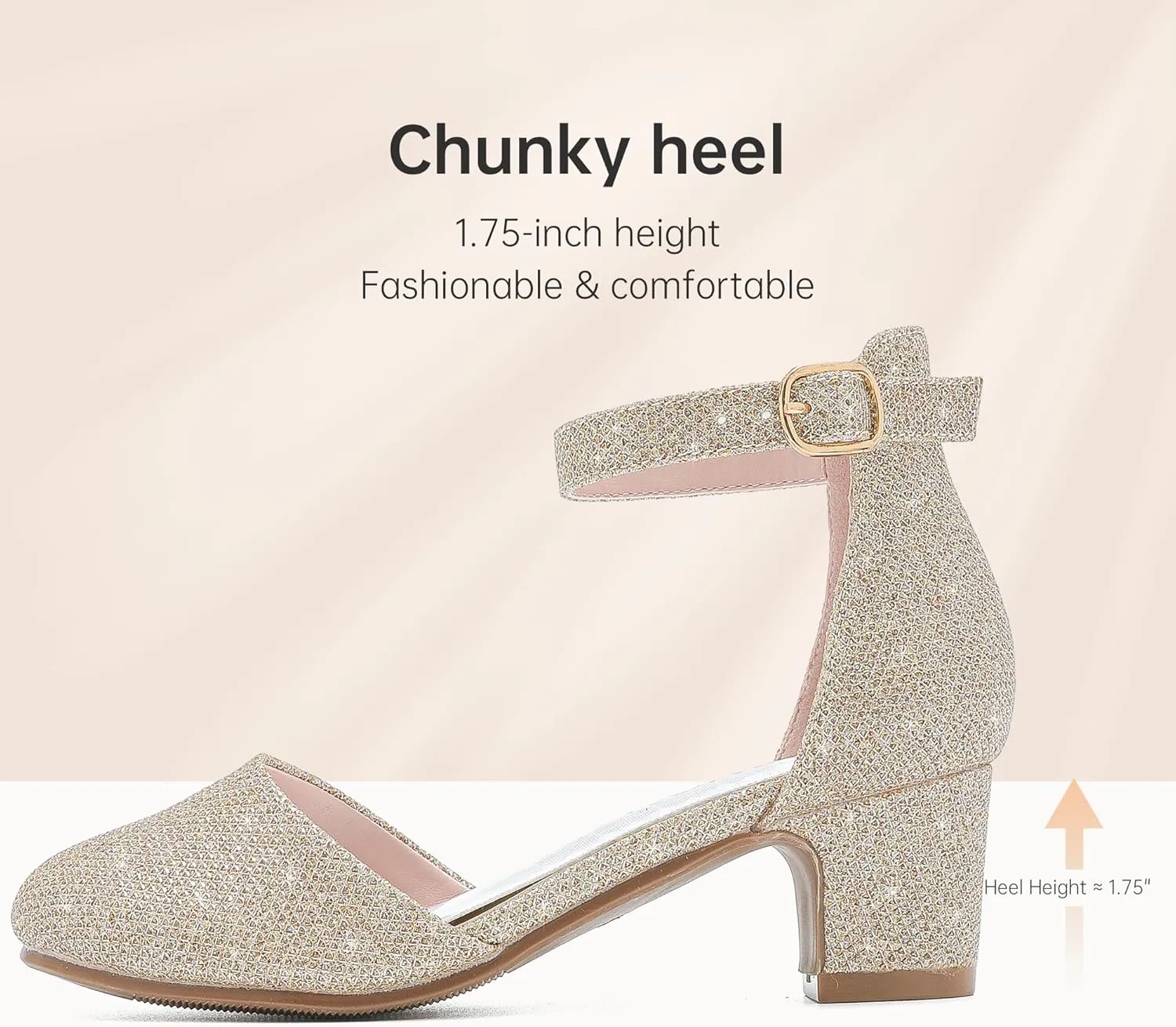 Girls Dress Shoes Closed Toe Chunky High Heels Ankle Strap Wedding Party Pump Shoes
