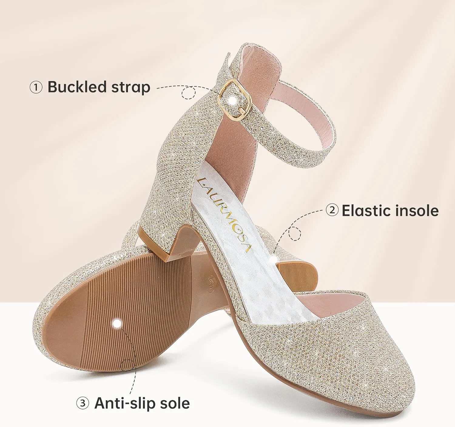 Girls Dress Shoes Closed Toe Chunky High Heels Ankle Strap Wedding Party Pump Shoes