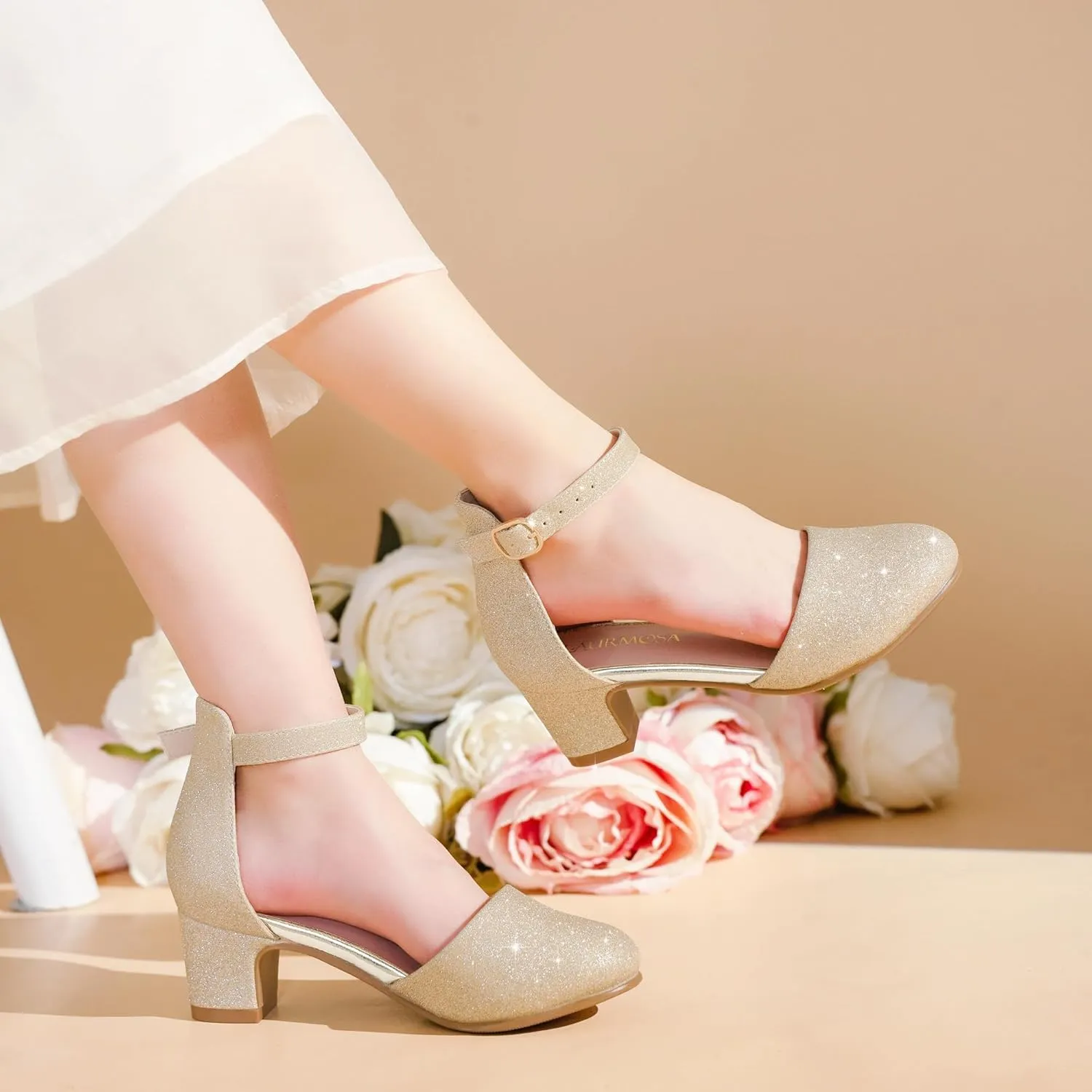 Girls Dress Shoes Closed Toe Chunky High Heels Ankle Strap Wedding Party Pump Shoes