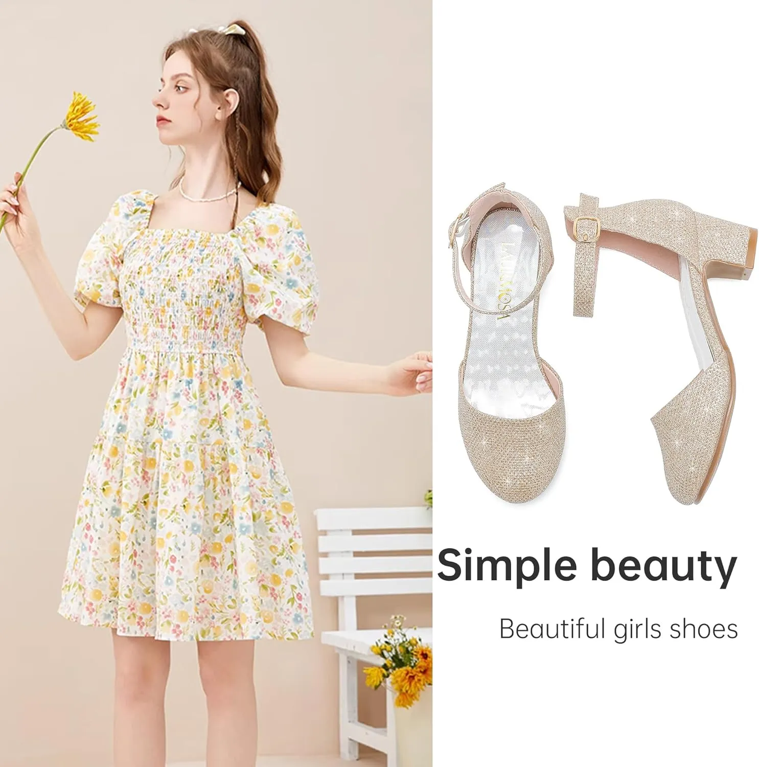 Girls Dress Shoes Closed Toe Chunky High Heels Ankle Strap Wedding Party Pump Shoes
