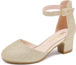 Girls Dress Shoes Closed Toe Chunky High Heels Ankle Strap Wedding Party Pump Shoes